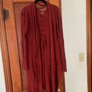 Rust Red Knit Cardigan with Lace-Up Detail